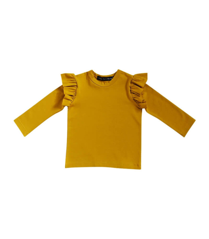 Karrygul bluse med flæseærmer fra Petitflora