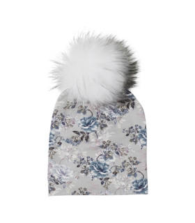 Stålgrå hue til børn med blomsterprint og pelskvast