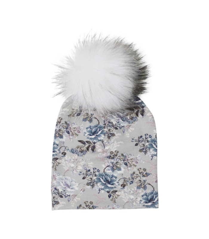 Stålgrå hue til børn med blomsterprint og pelskvast