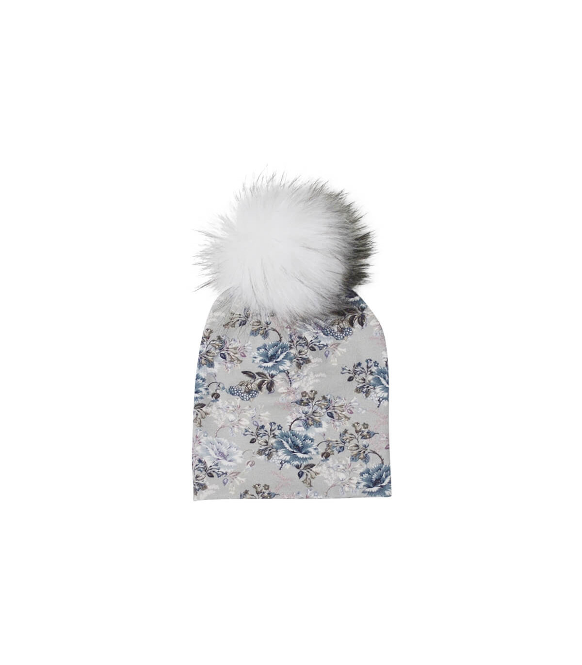 Stålgrå hue til børn med blomsterprint og pelskvast