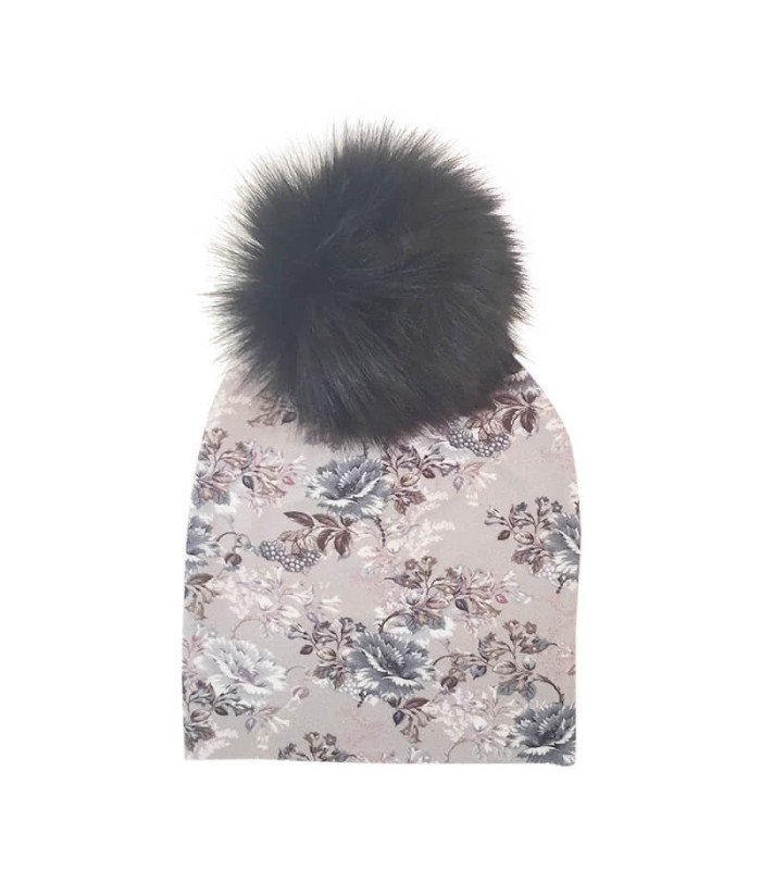 Hue med kvast og blomsterprint - grå