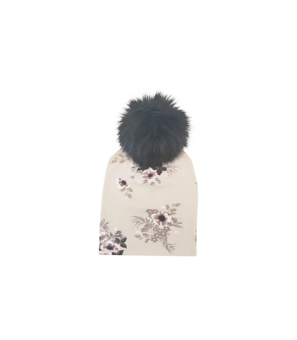 Beige hue til børn med blomsterprint og sort kvast