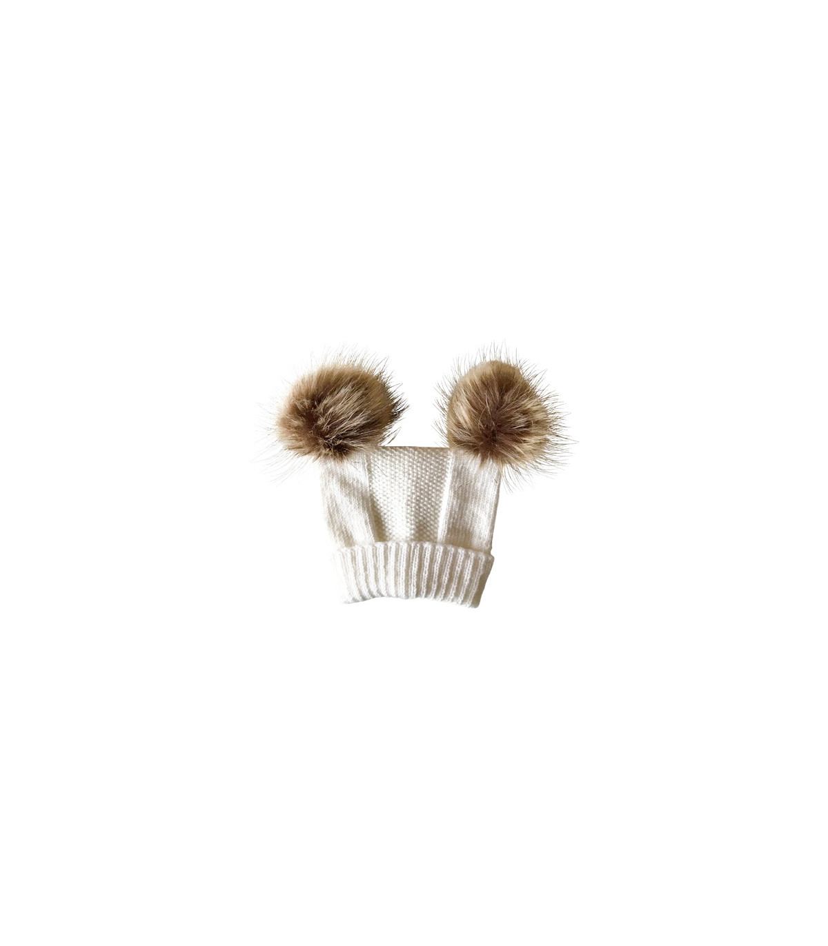 Offwhite strikhue i baby merinould med to brune kvaste